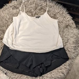 Black lace detail shorts , cream silky top